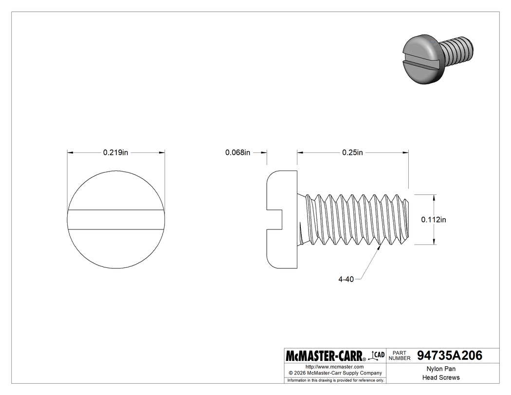 Technical Drawing of Nylon Pan Head Slotted Screws, 4-40 Thread, 1/4" Long.